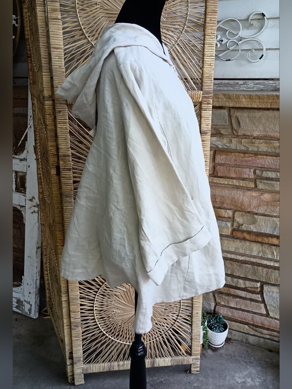 NWOT For Cynthia Lightweight 100% Linen Cream Hooded Coat_L - Picture 5 of 10